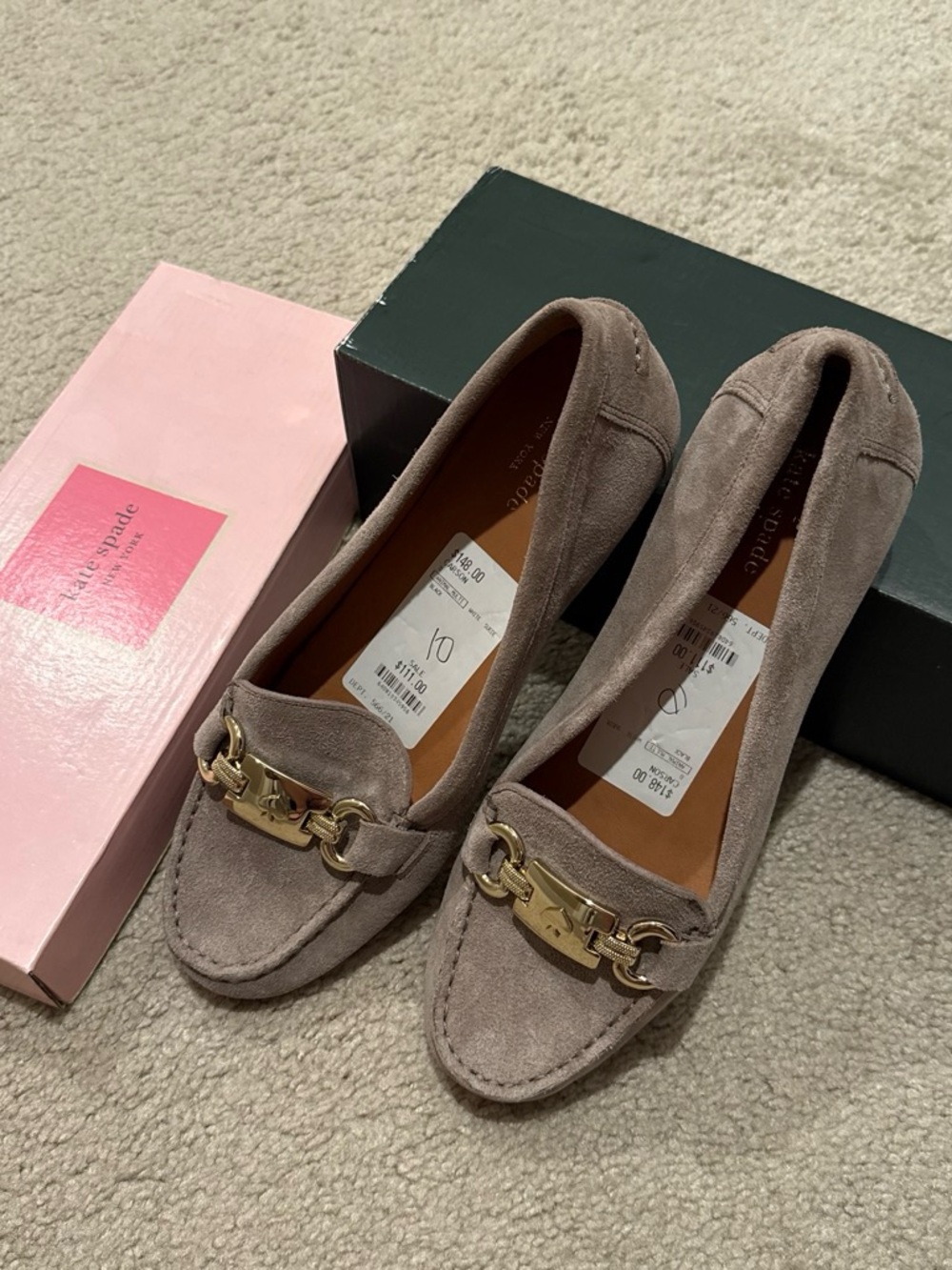 kate spade Taupe Suede Loafers with Gold Chain Accent